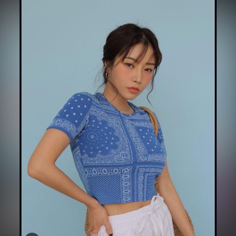 Stylenanda 3ce blue Paisley cropped baby tee t shirt